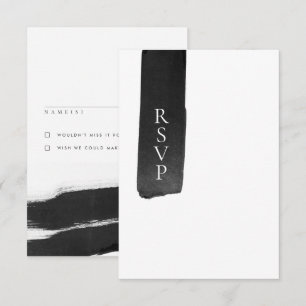 Tarjeta RSVP de boda moderna en negro + tinta blan