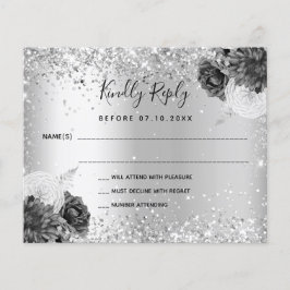 Tarjeta RSVP de boda monocromática floral de plata