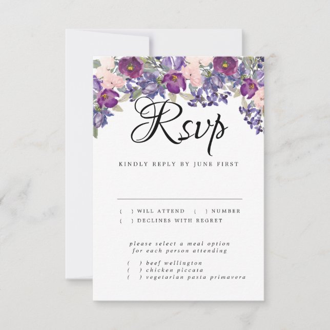 Tarjeta RSVP de Boda Morada Floral con opción de c (Anverso)