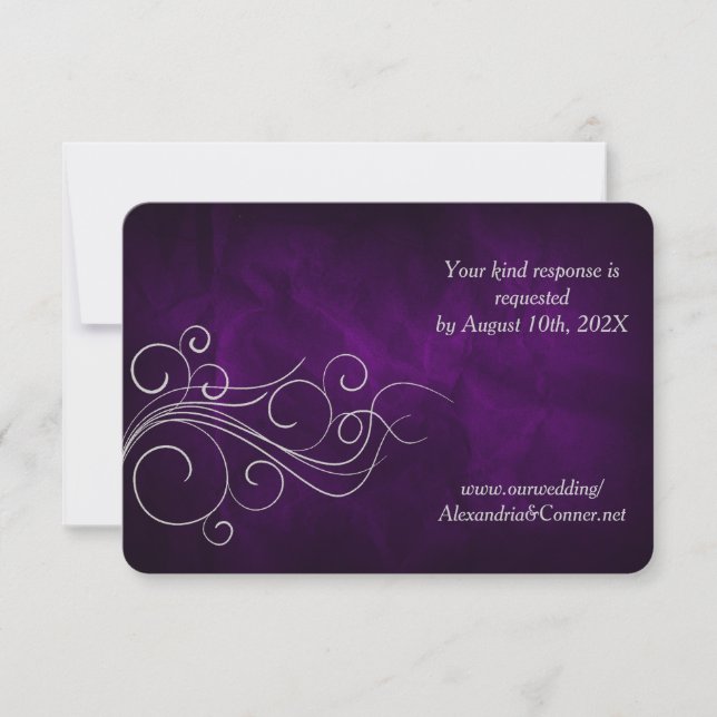 Tarjeta RSVP de Boda Morada Plata Swirl Wedding (Anverso)
