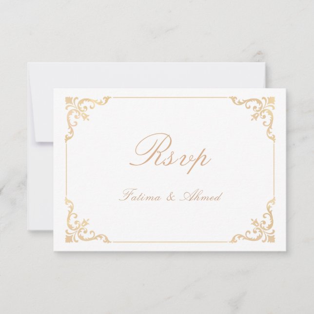Tarjeta RSVP de Boda Musulmana de Oro Blanco Vinta (Anverso)