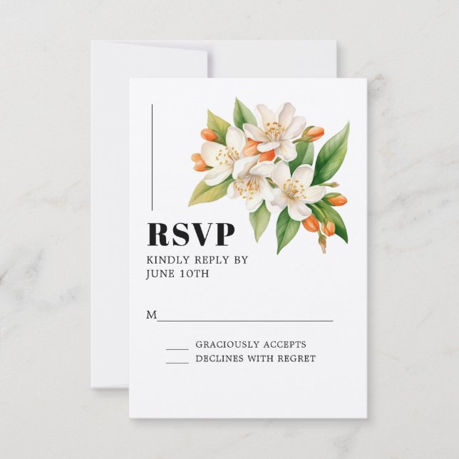Tarjeta RSVP de Boda naranja y Flores Jazmín (Anverso)
