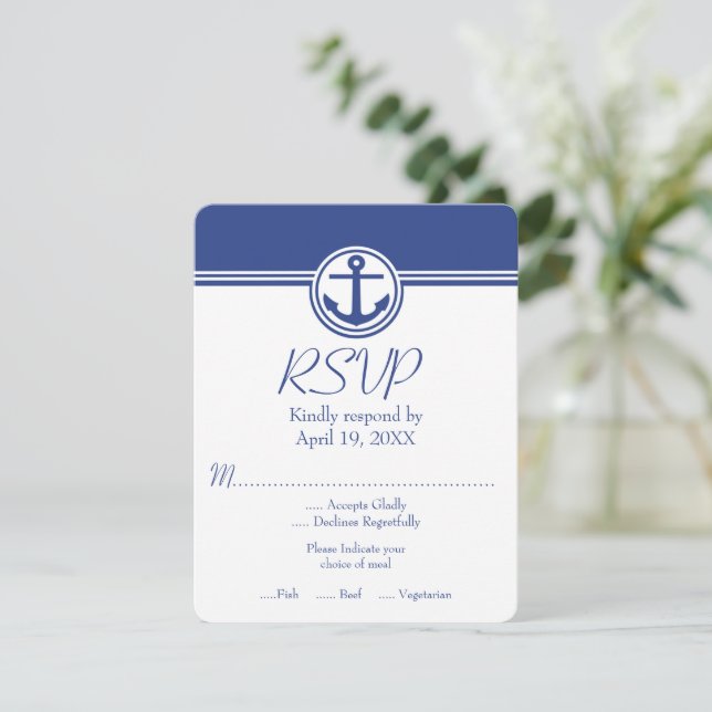 Tarjeta RSVP de boda náutica azul de la Marina (Anverso de pie)