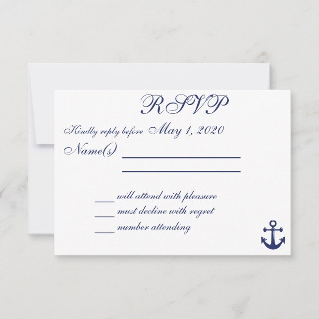 Tarjeta RSVP de Boda Náutica Azul Navy con Anchor (Anverso)