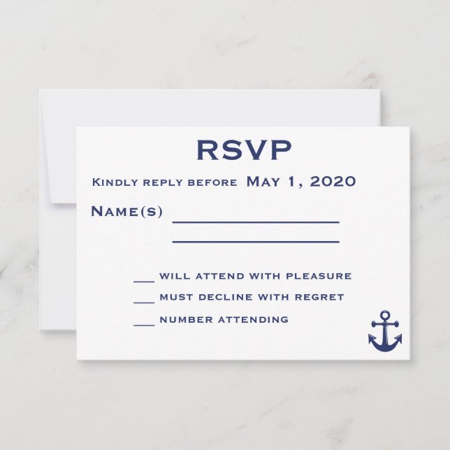 Tarjeta RSVP de Boda Náutica Azul Navy con Anchor (Anverso)