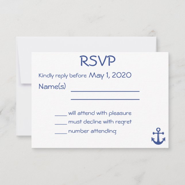 Tarjeta RSVP de Boda Náutica Blanca con Anclaje (Anverso)