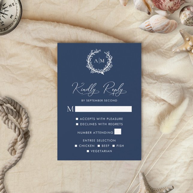 Tarjeta RSVP de Boda Náutica Navy Blue Coral Reef (Subido por el creador)