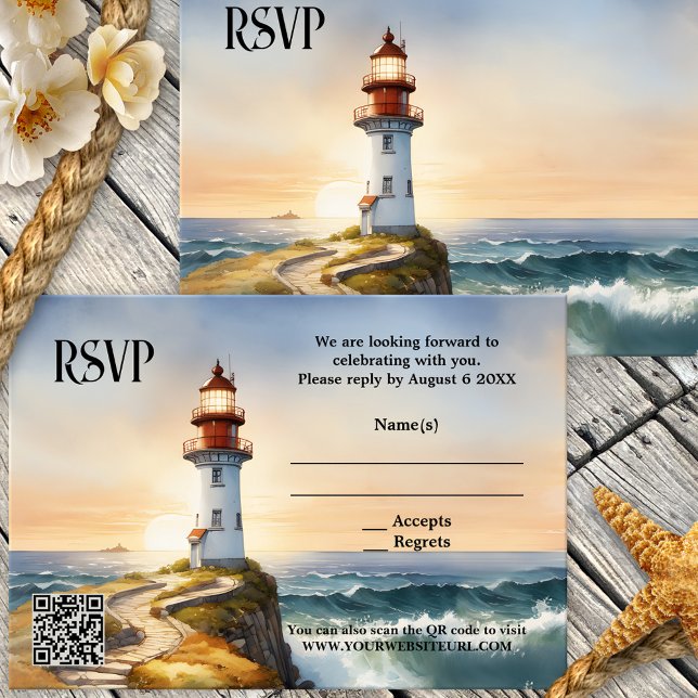 Tarjeta RSVP de Boda Nautical Beach Lighthouse (Elegant wedding RSVP card featuring a watercolor painting of a lighthouse at sunset - with QR code)