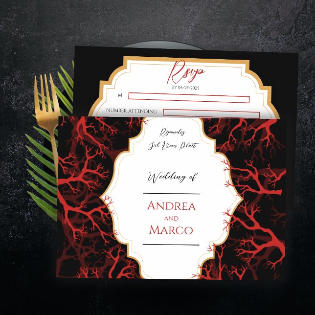 Tarjeta RSVP de boda negra gótica roja y negra (Zazzle Red and Black Gothic Dark Wedding RSVP Card)