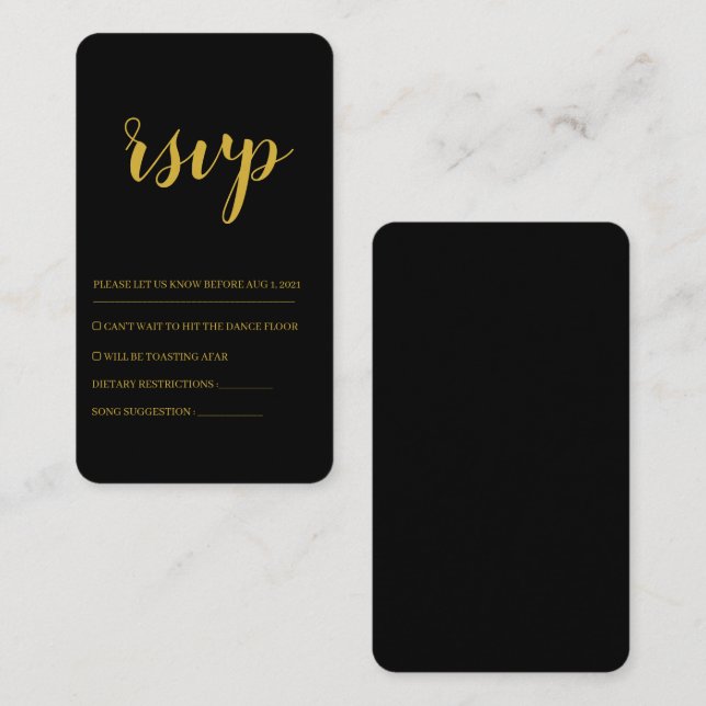 Tarjeta Rsvp de Boda Negra y Dorada Moderna (Anverso / Reverso)