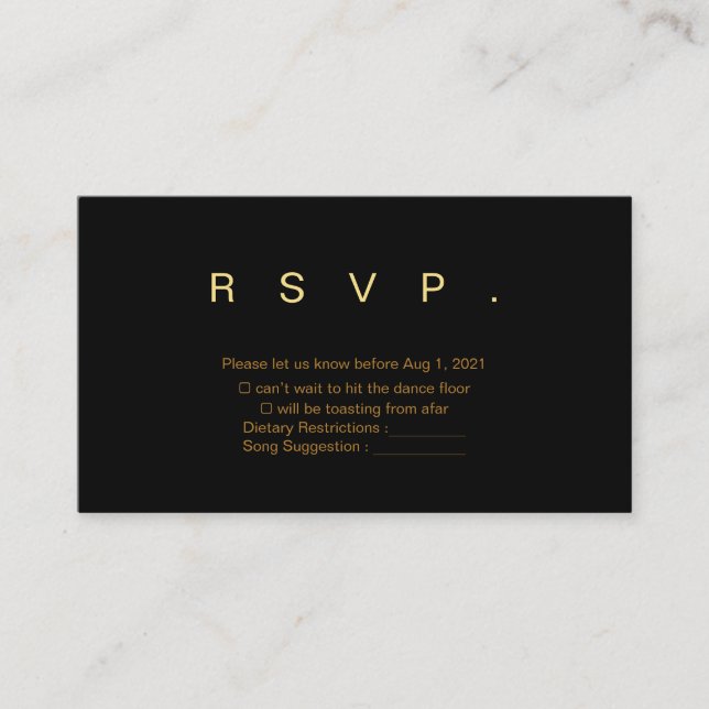 Tarjeta RSVP de Boda Negra y Oro (Anverso)