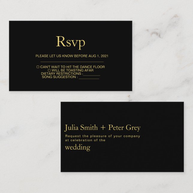 Tarjeta Rsvp de Boda Negra y Oro Moderna (Anverso / Reverso)