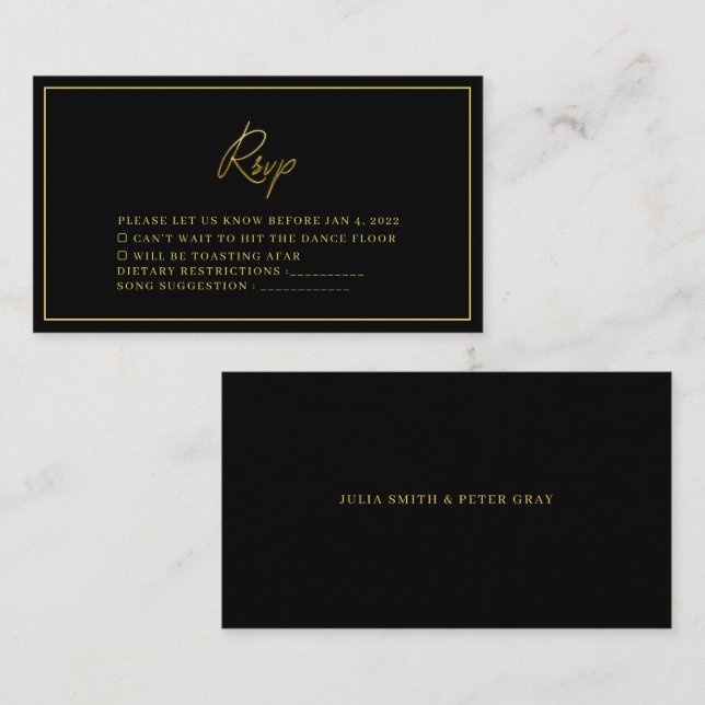 Tarjeta Rsvp de Boda Negra y Oro Moderna (Anverso / Reverso)