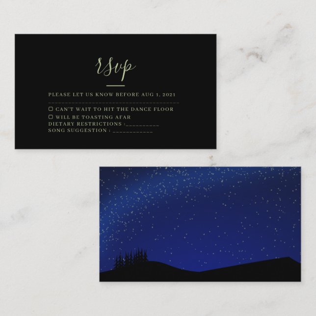Tarjeta Rsvp de boda nocturna estelar de bosque rú (Anverso / Reverso)