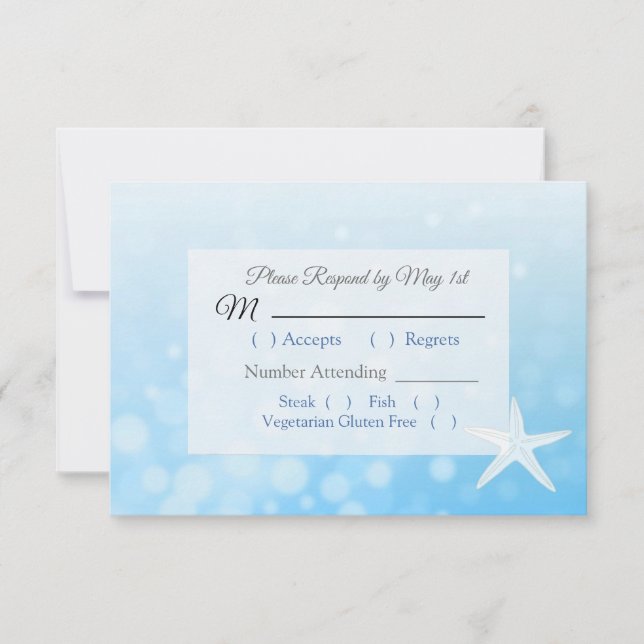 Tarjeta RSVP de Boda Oceánica Azul Starfish (Anverso)