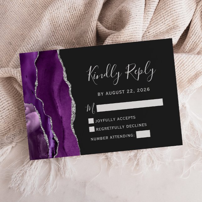 Tarjeta RSVP de boda oscura de plata púrpura moder (Subido por el creador)