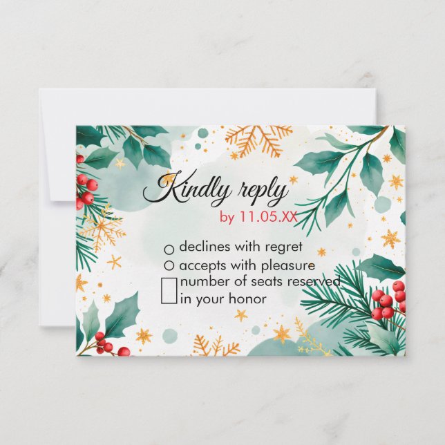 Tarjeta RSVP de boda para Navidades de acuarela -  (Anverso)