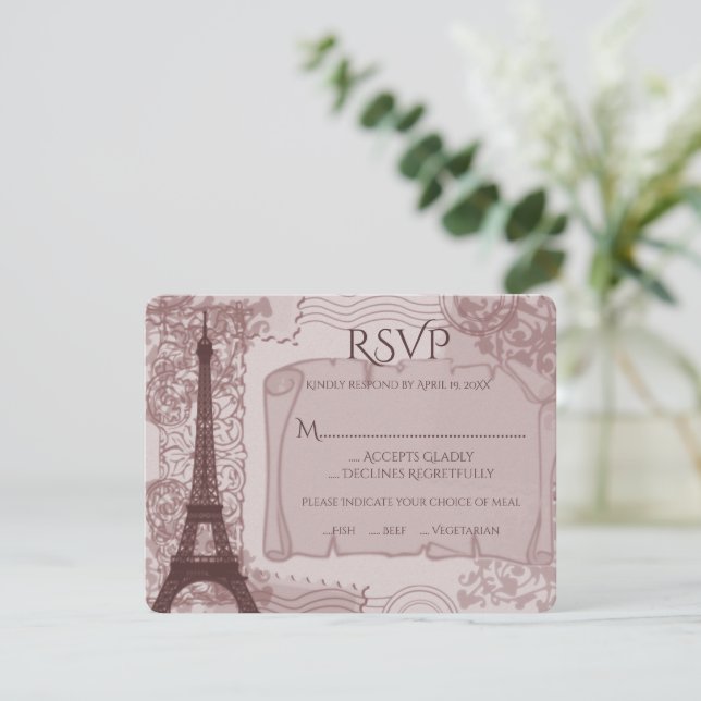 Tarjeta RSVP de boda parisina rosa (Anverso de pie)