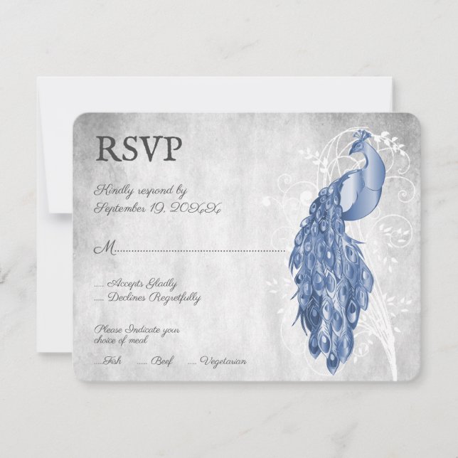 Tarjeta RSVP de boda pavo real azul (Anverso)