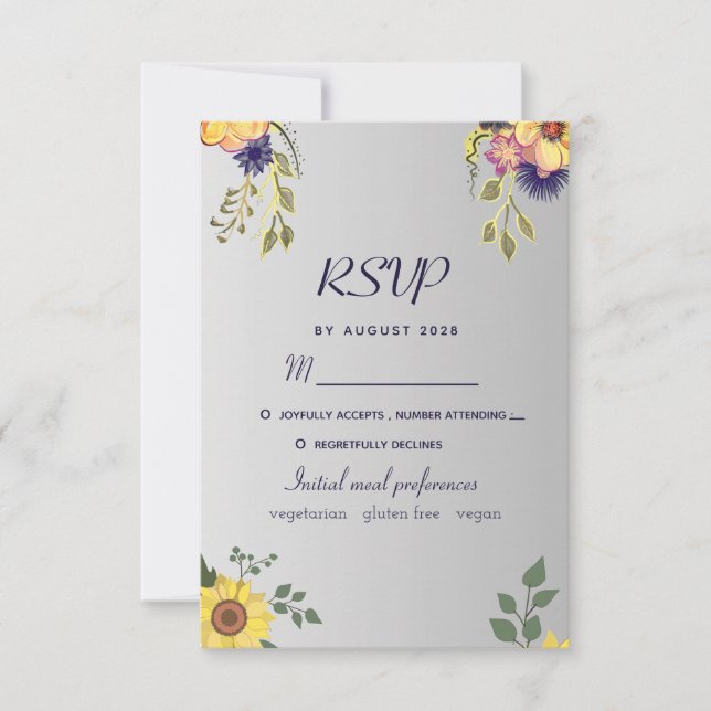 Tarjeta RSVP de Boda Plata Morada Floral (Anverso)