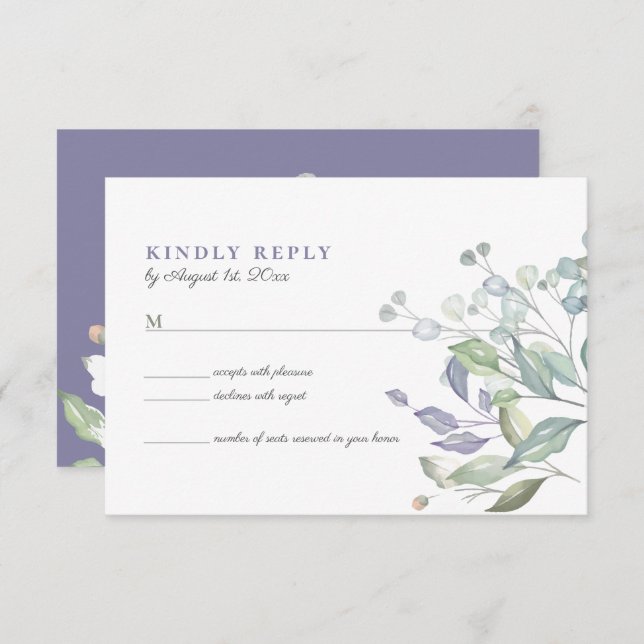 Tarjeta RSVP de Boda Purple Lilac Green (Anverso / Reverso)