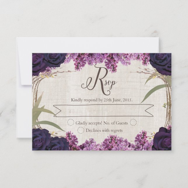 Tarjeta RSVP de boda púrpura de bosque encantada (Anverso)