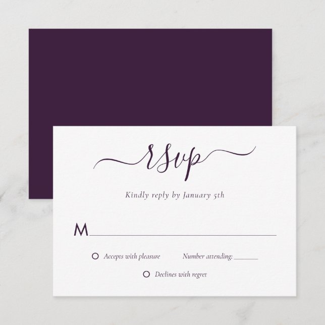 Tarjeta RSVP de boda púrpura moderna (Anverso / Reverso)