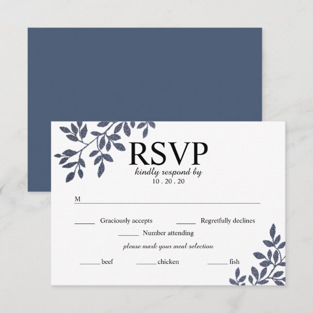 Tarjeta RSVP de Boda Purpurina Botánica Azul Gris (Anverso / Reverso)