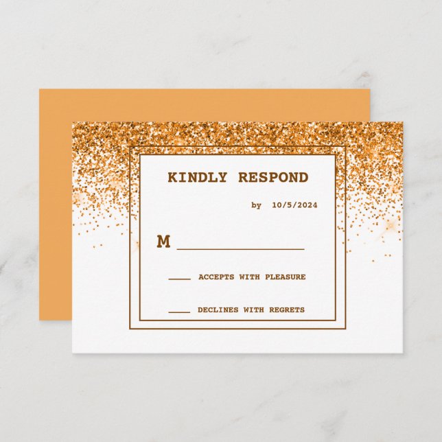 Tarjeta RSVP de Boda Purpurina de Oro (Anverso / Reverso)