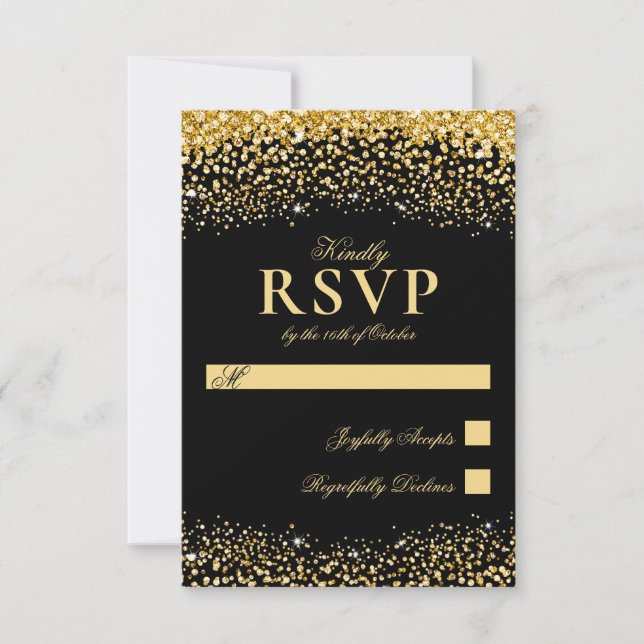 Tarjeta RSVP de Boda Purpurina de oro negro de luj (Anverso)