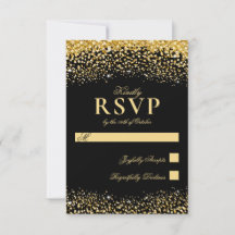 Tarjeta RSVP de Boda Purpurina de oro negro de luj