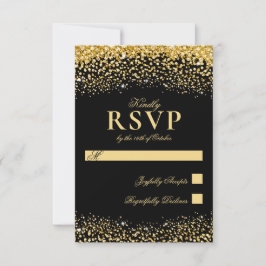 Tarjeta RSVP de Boda Purpurina de oro negro de luj