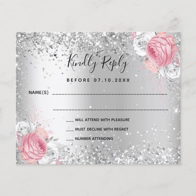 Tarjeta RSVP de boda purpurina floral de color bla (Anverso)