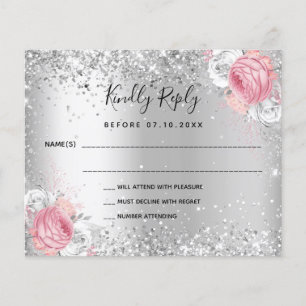 Tarjeta RSVP de boda purpurina floral de color bla