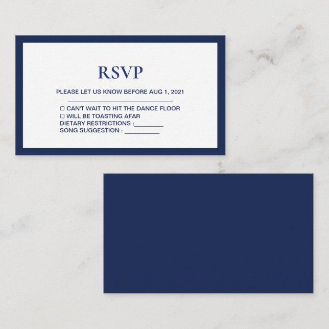 Tarjeta Rsvp de boda real azul-marina moderna (Anverso / Reverso)