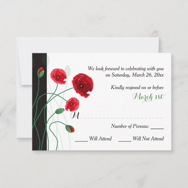 Tarjeta RSVP de boda | Red Poppies | Negro, Verde (Anverso)