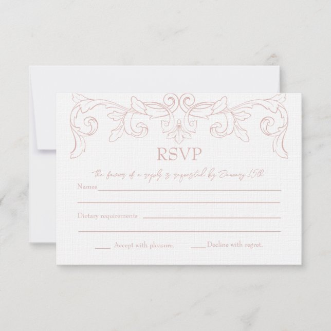Tarjeta RSVP de boda rococó rosa Rubor (Anverso)