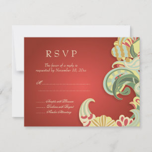 Tarjeta RSVP de boda rojiza floral verde vintage
