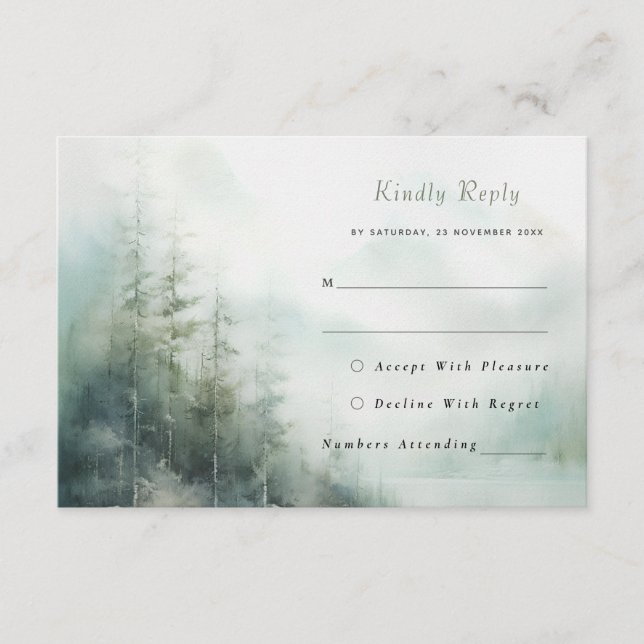 Tarjeta RSVP de boda romántica de bosque verde (Anverso)