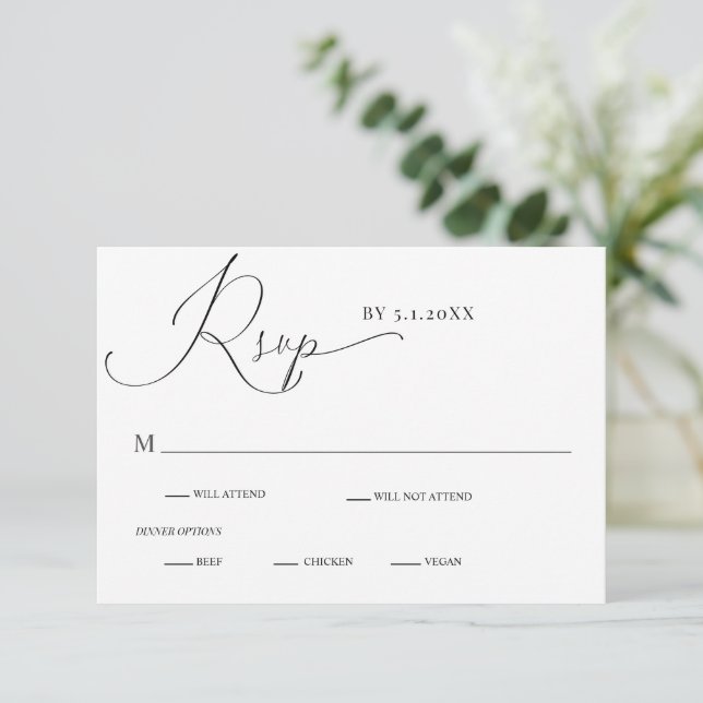 Tarjeta RSVP de Boda Romántica de Caligrafía Dramá (Anverso de pie)