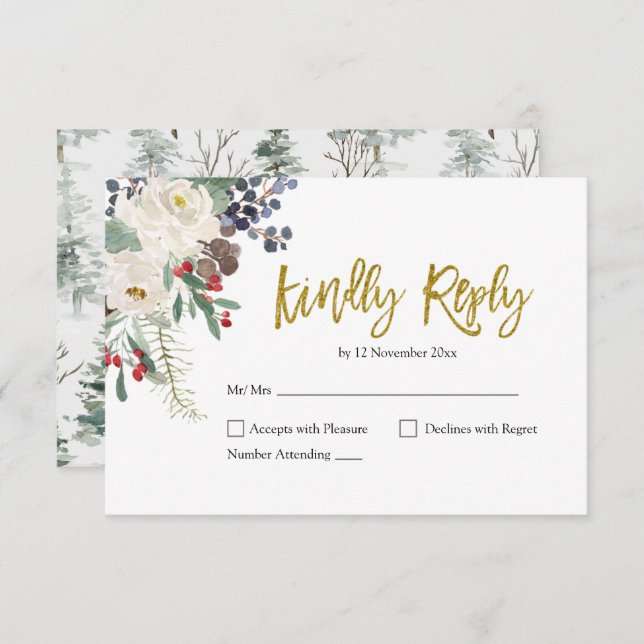 Tarjeta RSVP de boda romántica floral para navidad (Anverso / Reverso)