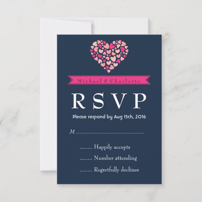 Tarjeta RSVP de boda rosa azul de la marina con am (Anverso)