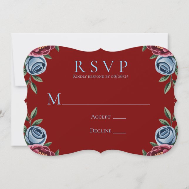 Tarjeta RSVP de Boda Rosa Azul y Peonia Borgoña (Anverso)