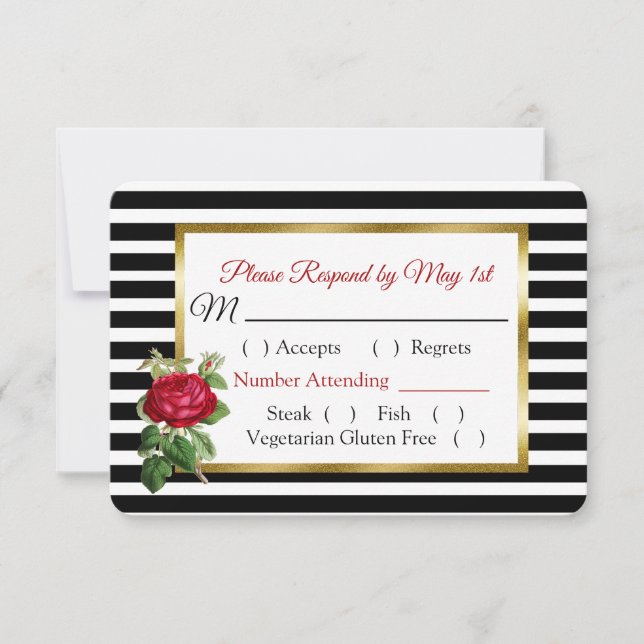 Tarjeta RSVP de Boda Rosa de Borgoña Negra y Blanc (Anverso)
