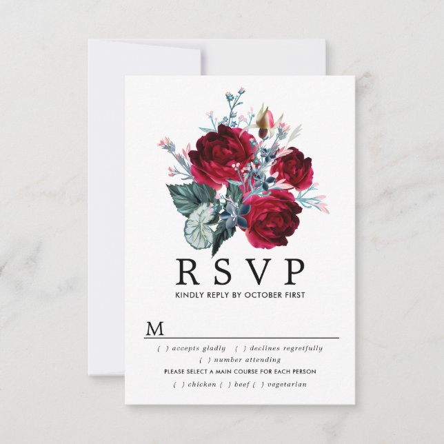 Tarjeta RSVP de Boda Rosa de Borgoña, opciones de  (Anverso)