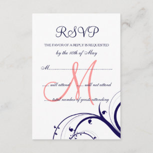 Tarjeta RSVP de Boda Rosa de Coral Azul de la Mari