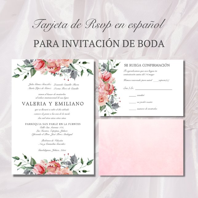 Tarjeta RSVP de boda rosa elegante RSVP española (Tarjeta de RSVP en español con flores rosados)