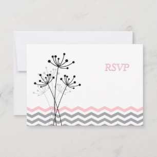 Tarjeta RSVP de Boda Rosa, Floral Gris, Chevron We