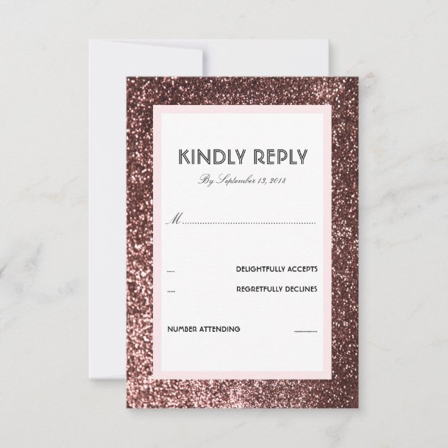 Tarjeta RSVP de Boda Rosa Purpurina de oro (Anverso)