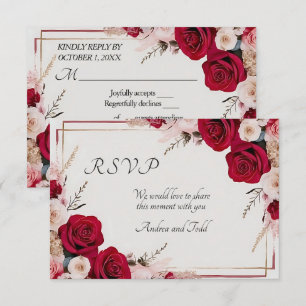 Tarjeta RSVP de boda rosa roja de color de agua